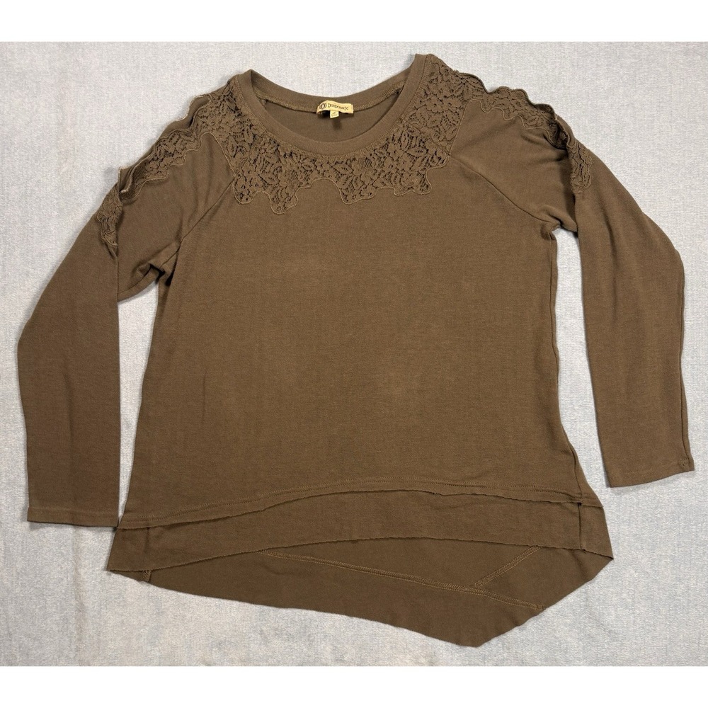 Democracy Greening Brown Lace Open Shoulder Top Hi Low Hem Boho Cottagecore Sz L